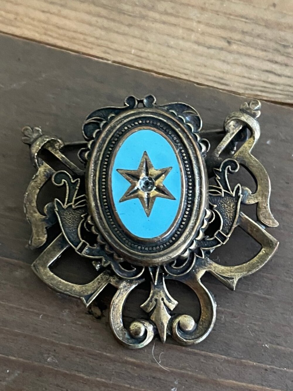 Antique Victorian Brass Brooch Blue Enamel Star 1880s C-Clasp Pin